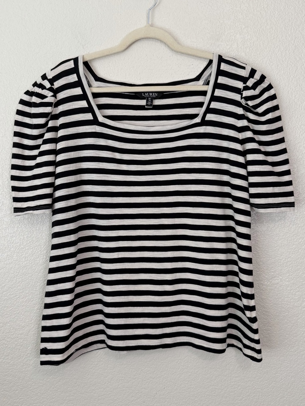 Lauren Ralph Lauren Cream Black Striped Cotton Jersey Puff-Sleeves Tee, Size 1X